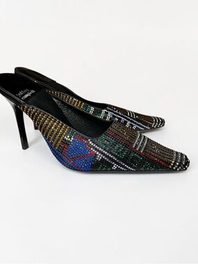 🌻NEW Jeffrey Campbell Rhinestone Mule Heels Multicolor Pointed Toe Stiletto 5.5